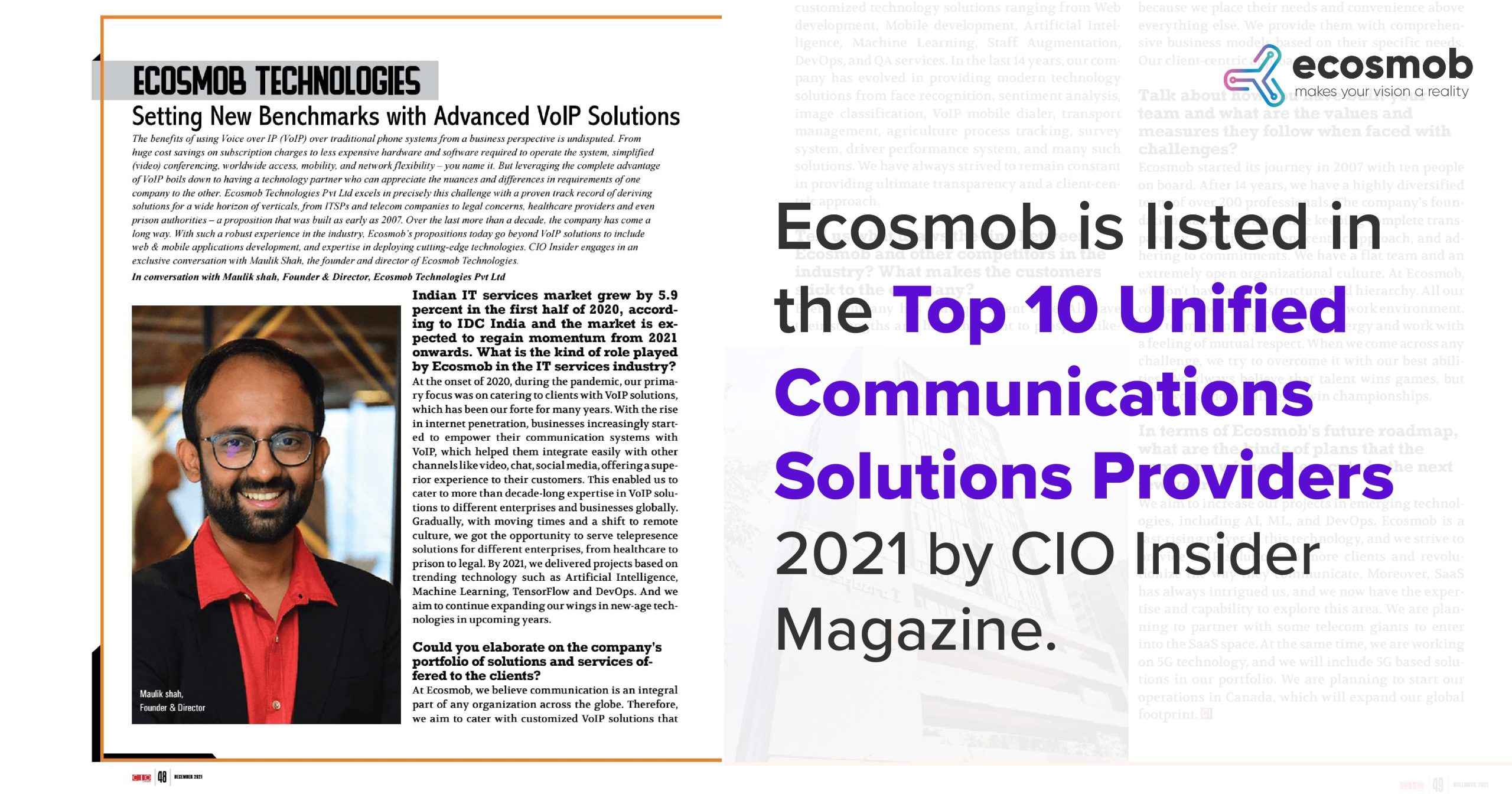 Ecosmob is listed in the top 10 Unified Communications Solutions Providers 2021 by CIO Insider Magazine.