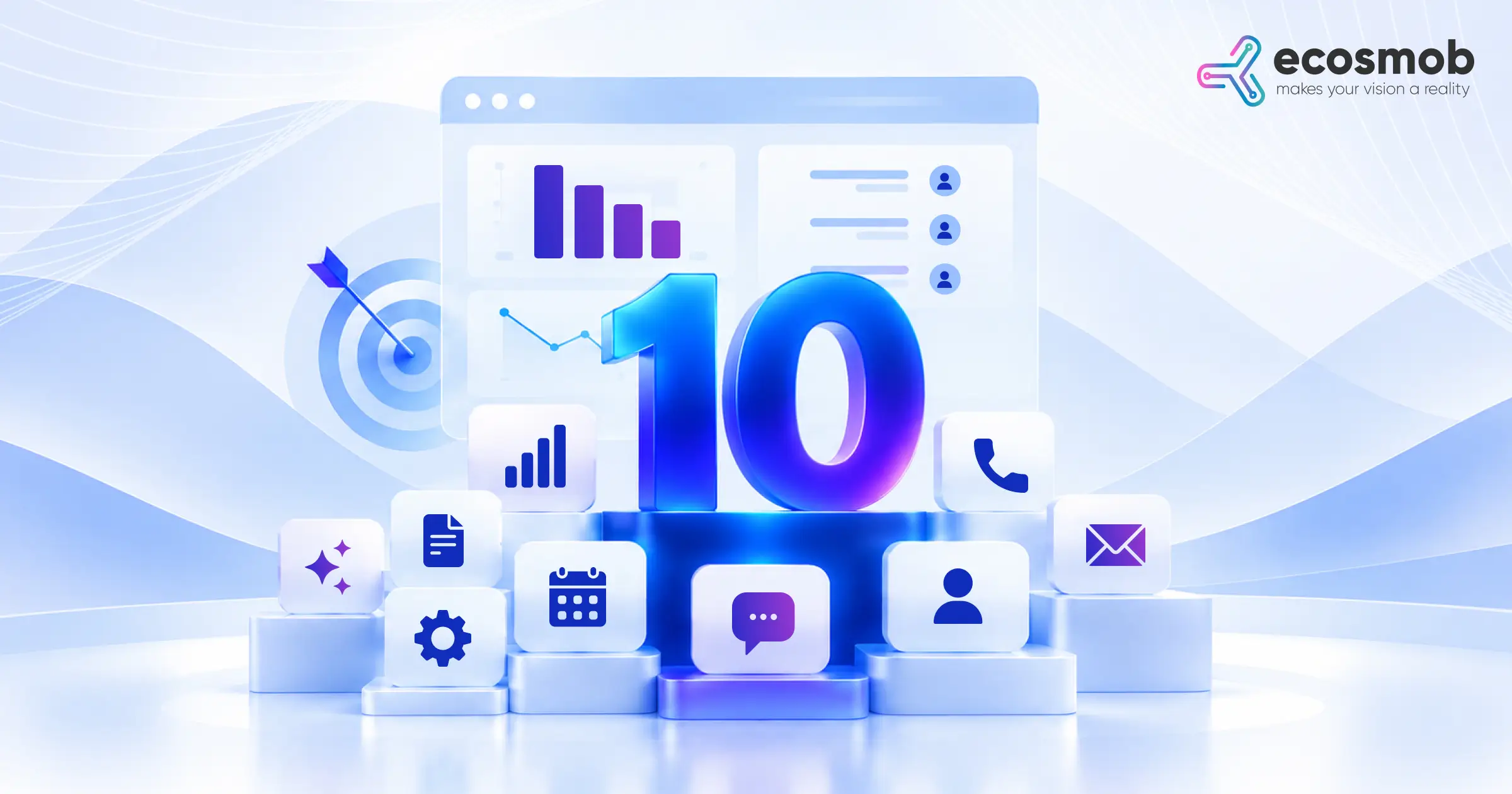 Large 3D number 10 on a podium in front of a sales dashboard, surrounded by icons for AI, analytics, calls, email, chat, calendar scheduling, contacts and documents, with an arrow hitting a target.