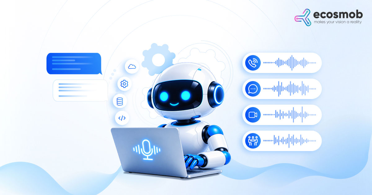 AI voice agent robot with a headset working on a laptop with a microphone icon, linked to cloud, settings, database and code integrations, with voice streams across phone, chat, video and team meeting channels.