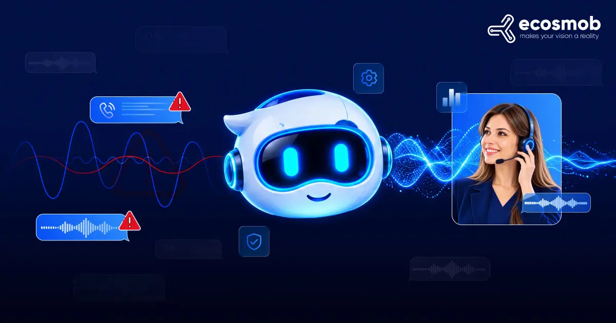 AI assistant robot filtering flagged call transcripts and erratic voice signals into a clean, verified audio stream for a smiling sales agent wearing a headset.