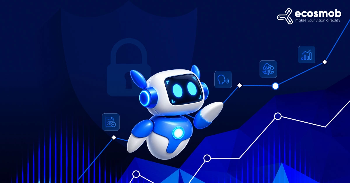 Friendly AI sales assistant robot pointing at a rising performance graph, with a security lock, shield and data icons in the background.