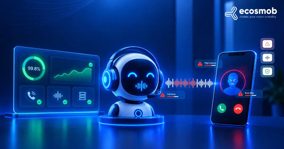 Voice AI bot with a headset between a monitoring dashboard showing 99.8% uptime with healthy call, audio and server checks, and a smartphone where a frustrated caller faces high latency, call drop and error rate alerts.